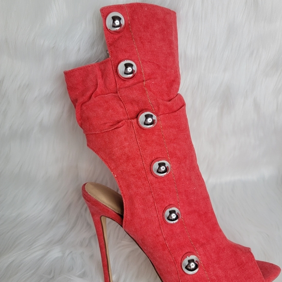Red boots stiletto heel open toe silver studs. - Picture 6 of 12